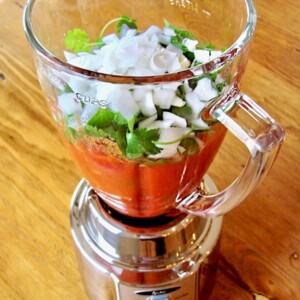 Salsa ingredients unmixed in a blender.