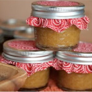 Peach Butter jars in a pyramid.