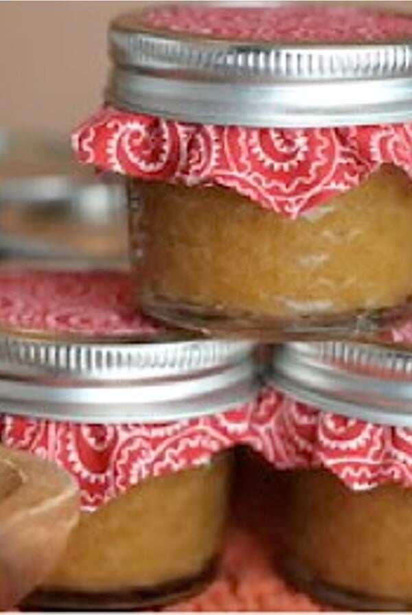 Peach Butter jars in a pyramid.