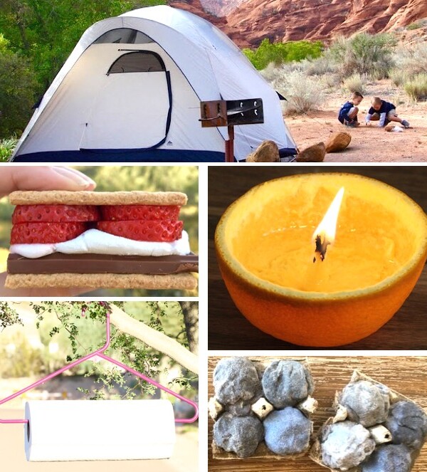 Collage of camping hacks.