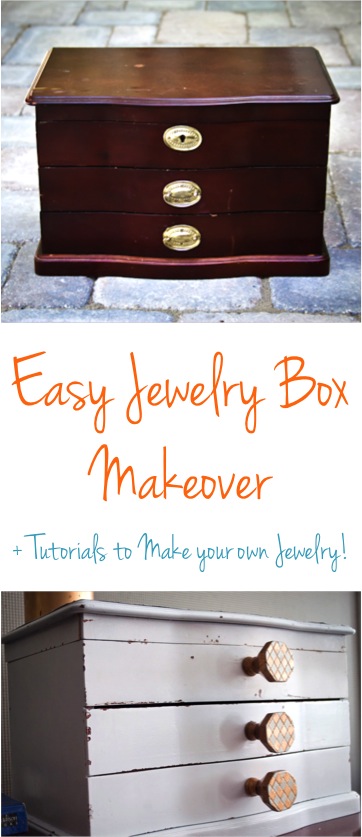 DIY Jewelry Box Makeover plus Easy Tutorials for Making your own Jewelry at TheFrugalGirls.com