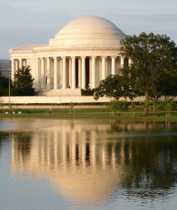 Jefferson Memorial with reflection on water in Washington DC.