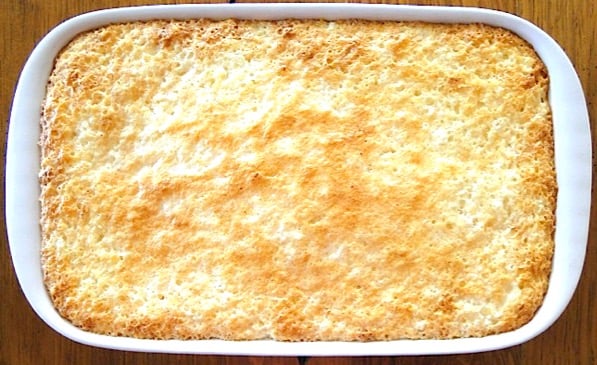 Pineapple angel food cake in 9x13 dish.