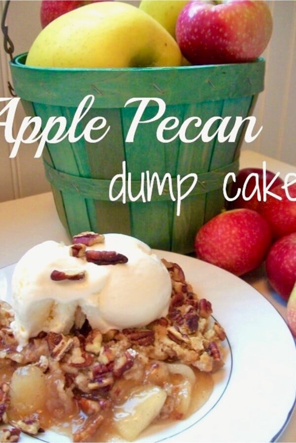Cake on a plate with text "Apple Pecan Dump Cake."