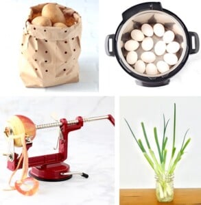 Collage of different kitchen hacks.