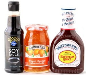 Orange marmalade, barbecue sauce, and soy sauce.
