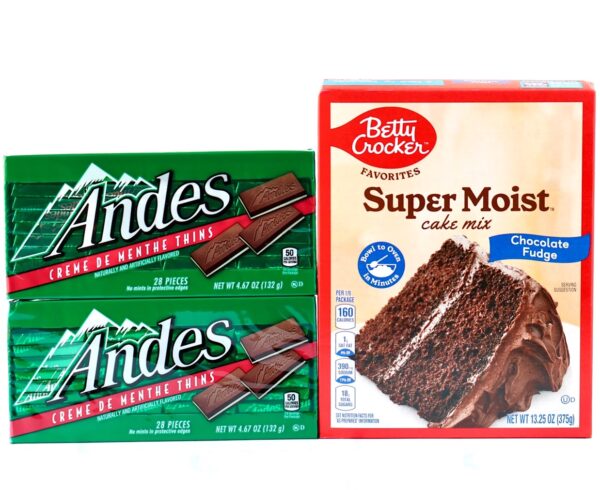 Andes mints and chocolate fudge cake mix.