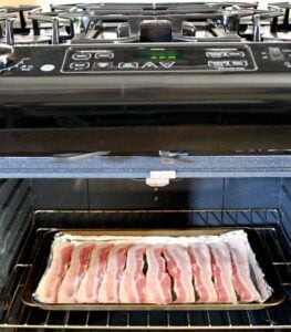 Pan of bacon in the oven.