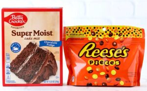 Ingredients for Reese's Pieces cookies.