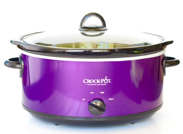 Bright purple Crockpot with a lid.