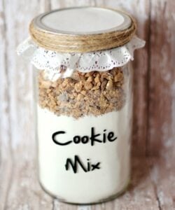 Heath toffee cookie mix layered in mason jar.
