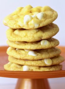 Stack of lemon white chocolate cookies.