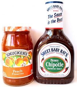 Peach preserves and honey chipotle barbecue sauce.