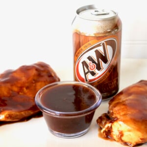 Root Beer Barbecue Chicken with a can of root beer.