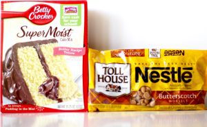 Yellow cake mix and butterscotch chips.