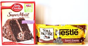 Chocolate chips and chocolate cake mix.