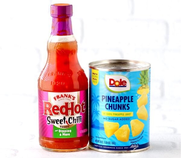 Pineapple chunks and sweet chili sauce.