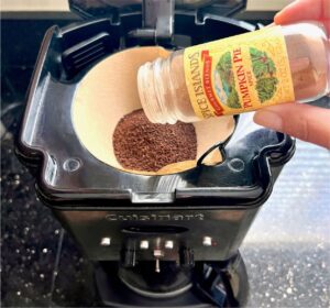 Person sprinkling pumpkin spice over coffee grounds.