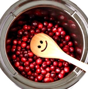 Cranberry sauce in crock pot with wooden spoon.