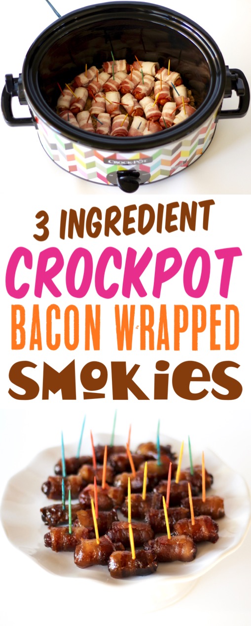 Crockpot Bacon Wrapped Smokies with Brown Sugar in Crock Pot