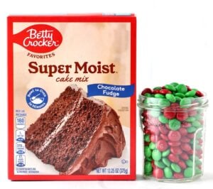 Chocolate fudge cake mix and red and green holiday M&Ms.