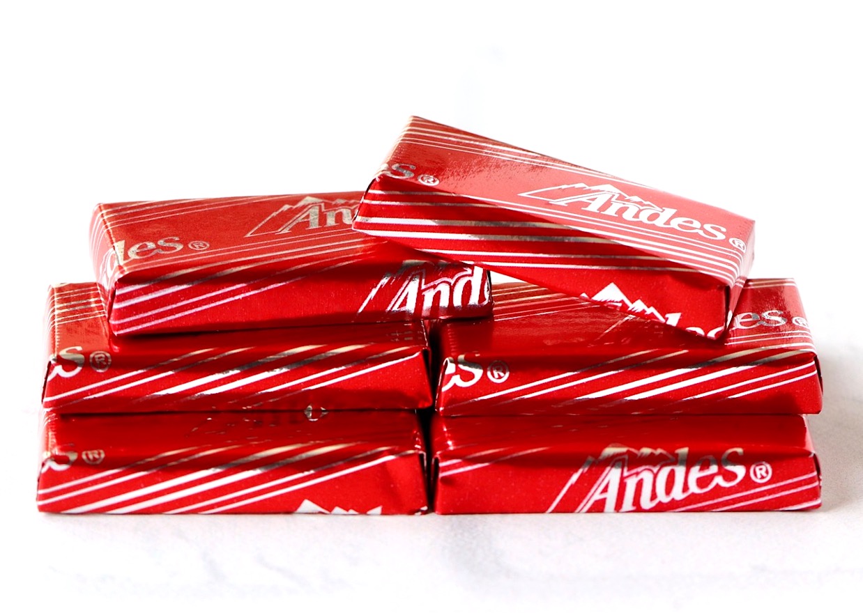 Stack of Andes Peppermint Crunch mint candies.