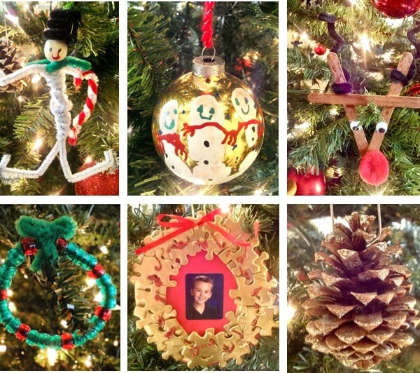 Collage of Christmas ornaments made by children.