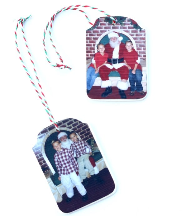 Two wooden photo ornaments.