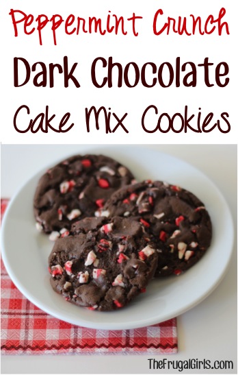Peppermint Crunch Dark Chocolate Cake Mix Cookies Recipe - at TheFrugalGirls.com