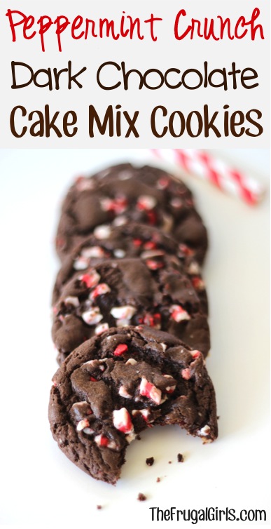 Peppermint Crunch Dark Chocolate Cake Mix Cookies Recipe from TheFrugalGirls.com
