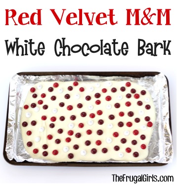 Red Velvet M&M White Chocolate Bark Recipe - at TheFrugalGirls.com
