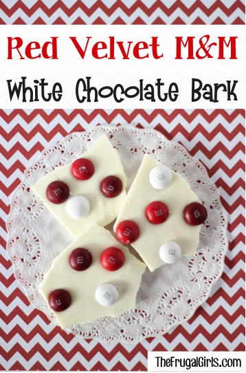 Red Velvet M&M White Chocolate Bark Recipe from TheFrugalGirls.com