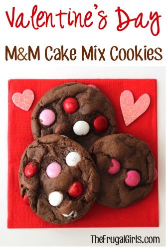 Valentine's Day M&M Cake Mix Cookies Recipe at TheFrugalGirls.com