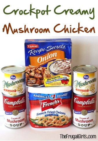 Crockpot Creamy Mushroom Chicken Recipe at TheFrugalGirls.com