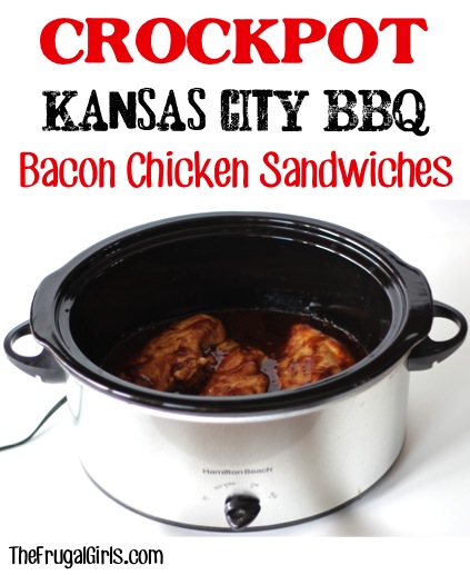 Crockpot Kansas City BBQ Bacon Chicken Sandwiches Recipe - from TheFrugalGirls.com