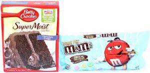 Chocolate cake mix and M&Ms.