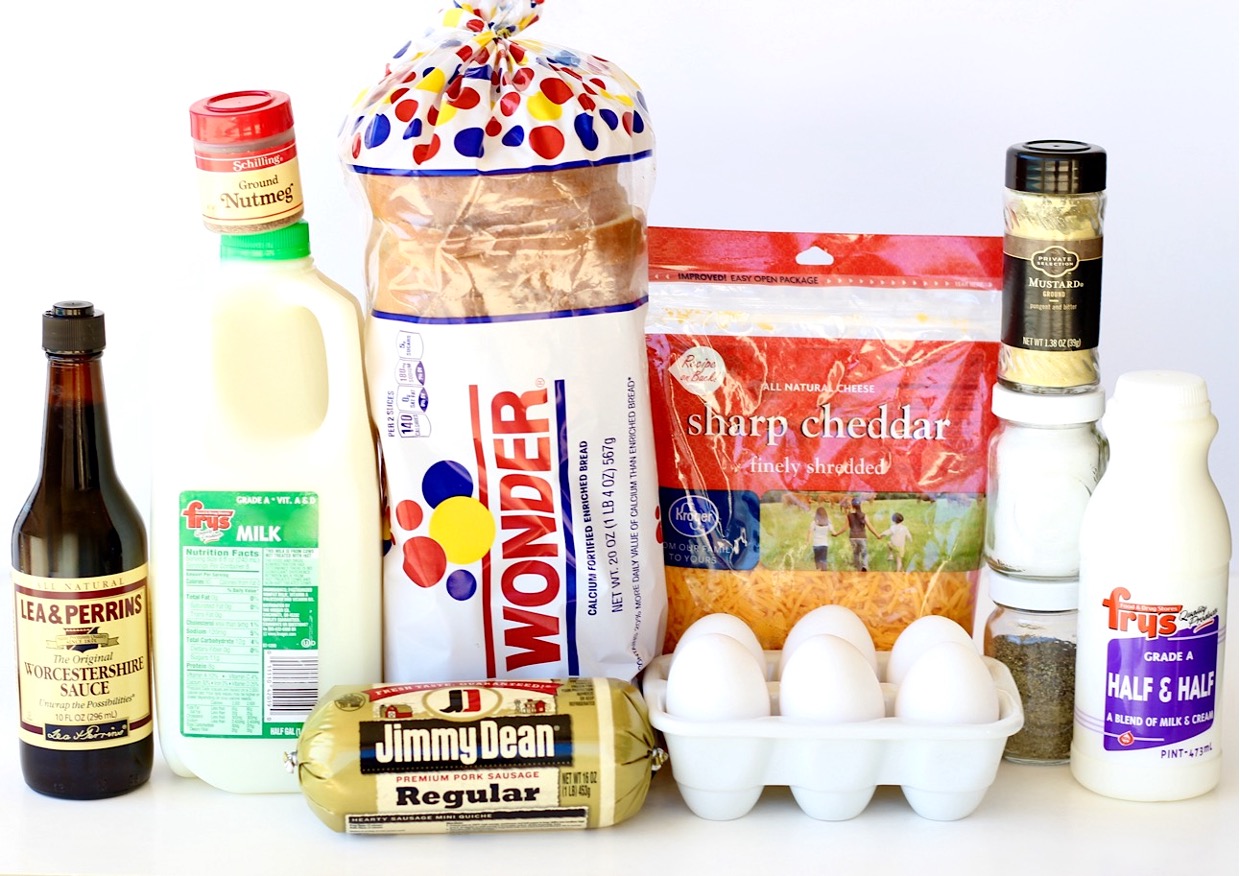 Ingredients for overnight sausage egg breakfast casserole with bread.