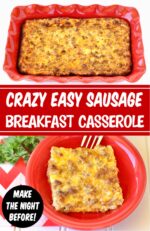 Breakfast sausage casserole in baking dish and on plate.