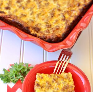 Breakfast sausage casserole in baking dish.