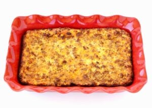 Baked sausage and egg breakfast casserole in 9x13 dish.