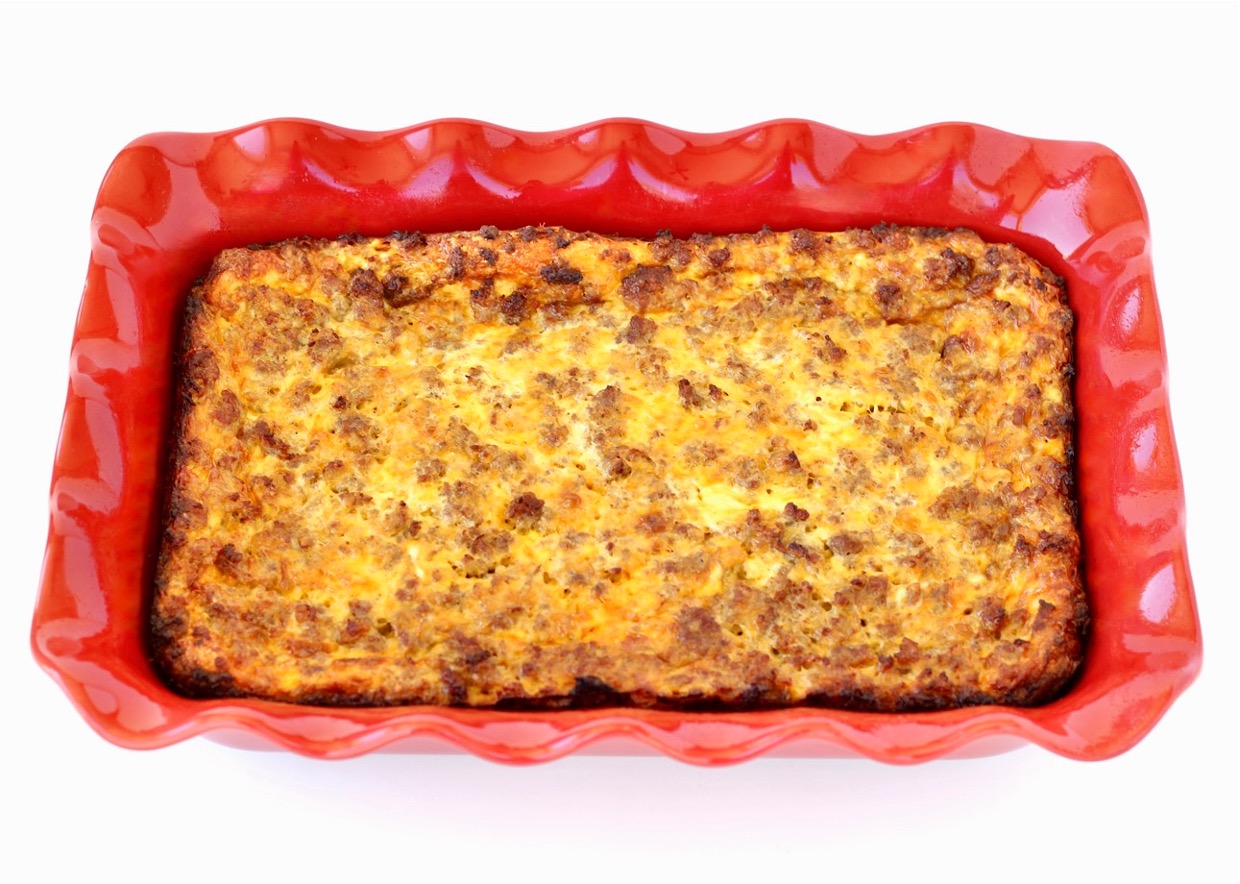 Baked sausage and egg breakfast casserole in 9x13 dish.