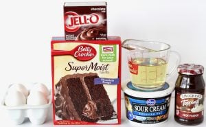 Ingredients including eggs, chocolate fudge cake mix, and chocolate pudding mix.