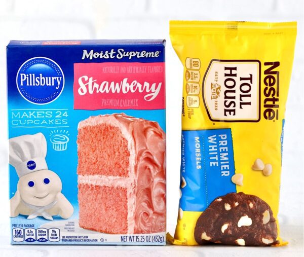 Strawberry cake mix and white chocolate chips.