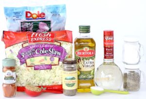 Ingredients including celery seed, white wine vinegar, and olive oil.