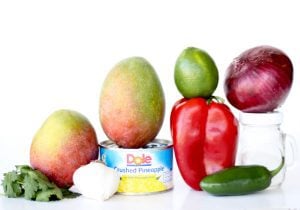 Ingredients including mango, red bell pepper, and red onion.