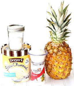 Ingredients including pineapple, yogurt, and ice cream.