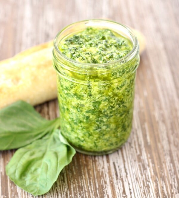 Basil pesto in a jar.