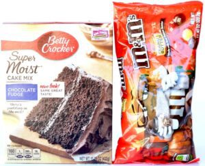 Peanut butter M&Ms and chocolate cake mix.