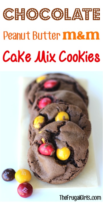 Chocolate Peanut Butter M&M Cake Mix Cookies Recipe from TheFrugalGirls.com
