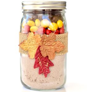 Chocolate Peanut Butter M&M cookie mix layered in mason jar.